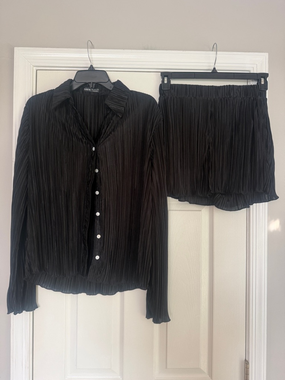 Black Pleated Button-Up Top & Shorts Set